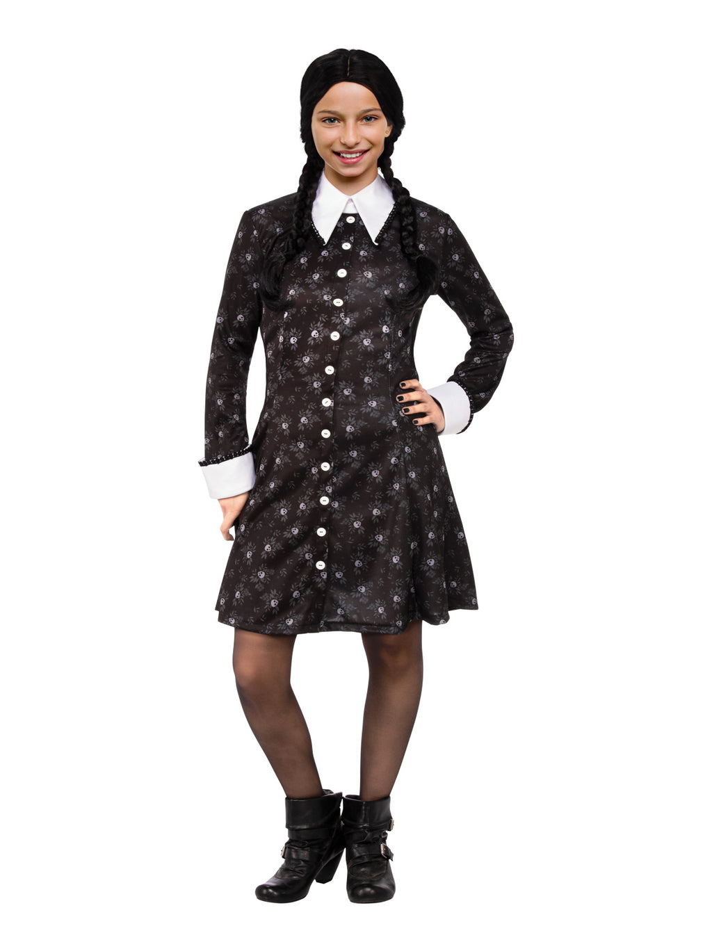 Girl wearing a black Wednesday Addams dress with skeleton print, white collar and cuffs
