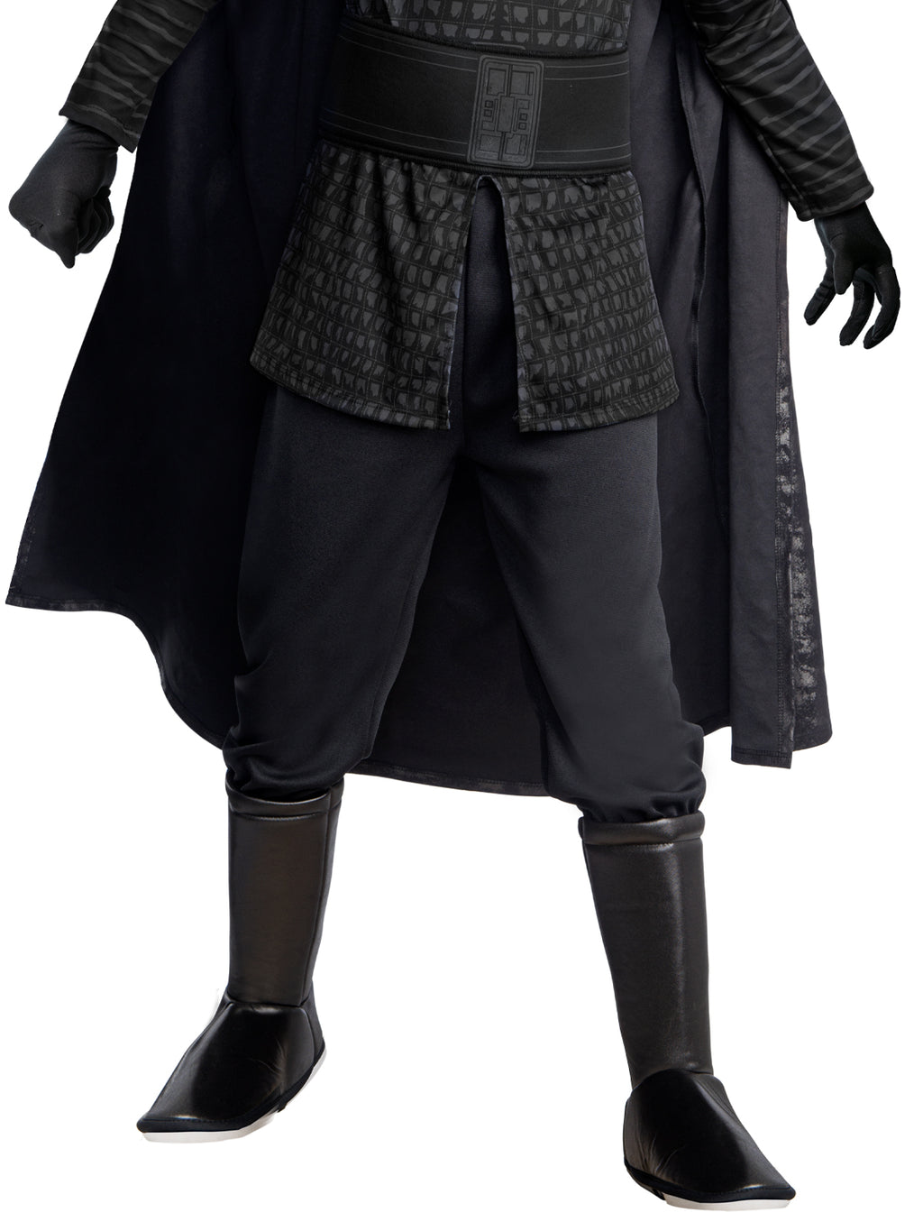 Close-up of the Kylo Ren black pants with faux leather boot tops and long cape