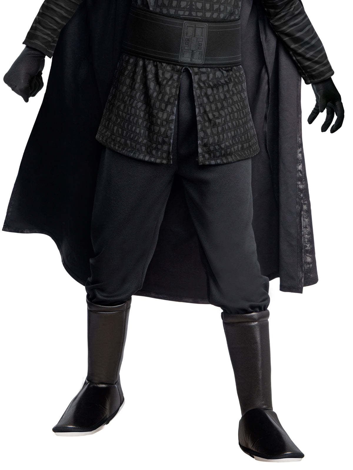 Close-up of the Kylo Ren black pants with faux leather boot tops and long cape