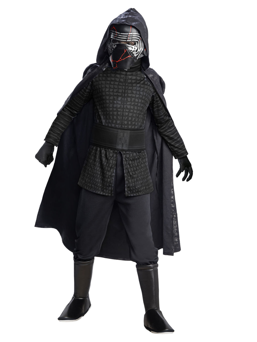 Boy in the Star Wars Kylo Ren Deluxe costume with a long black cape, textured top, gloves, belt and boot tops