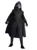 Boy in the Star Wars Kylo Ren Deluxe costume with a long black cape, textured top, gloves, belt and boot tops
