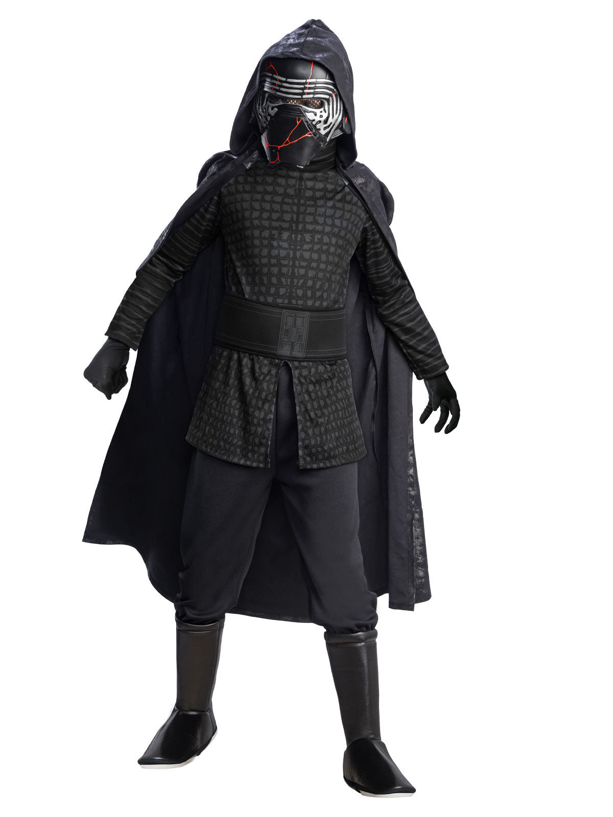 Boy in the Star Wars Kylo Ren Deluxe costume with a long black cape, textured top, gloves, belt and boot tops
