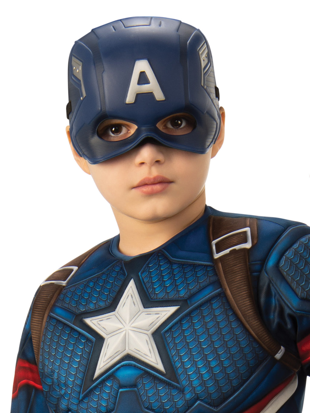 Close-up of the premium Captain America vinyl mask with moulded A emblem