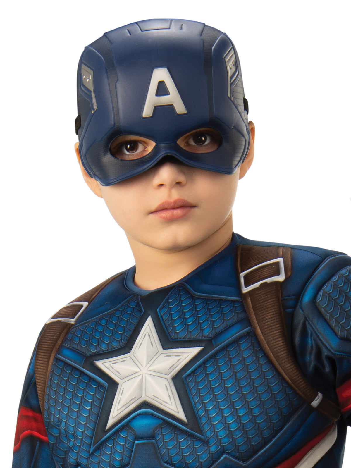 Close-up of the premium Captain America vinyl mask with moulded A emblem
