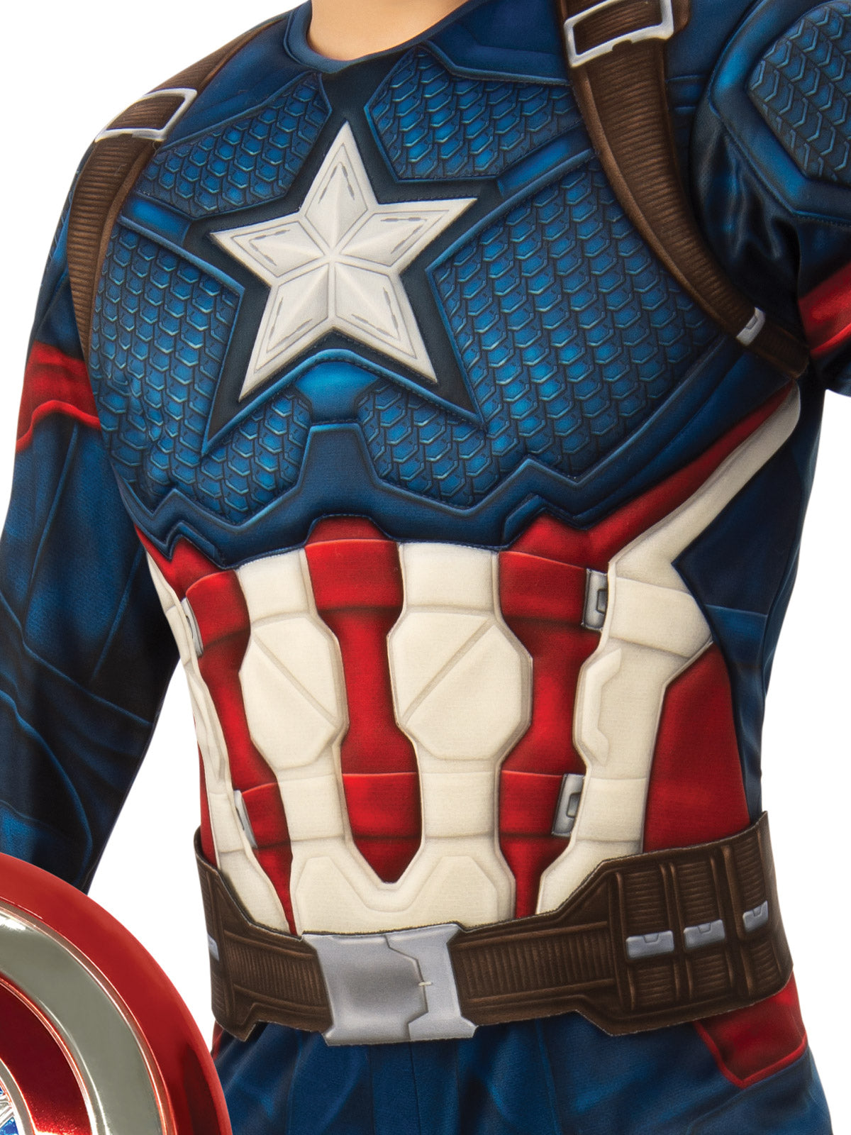 Close-up of the premium Captain America padded chest with white star and printed shoulder straps