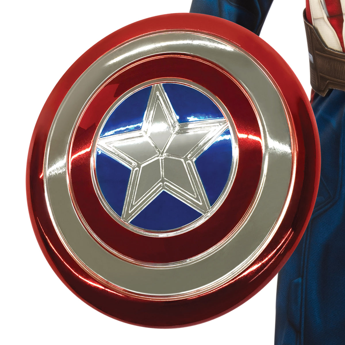 Close-up of the 12-inch electroplated Captain America shield with star emblem