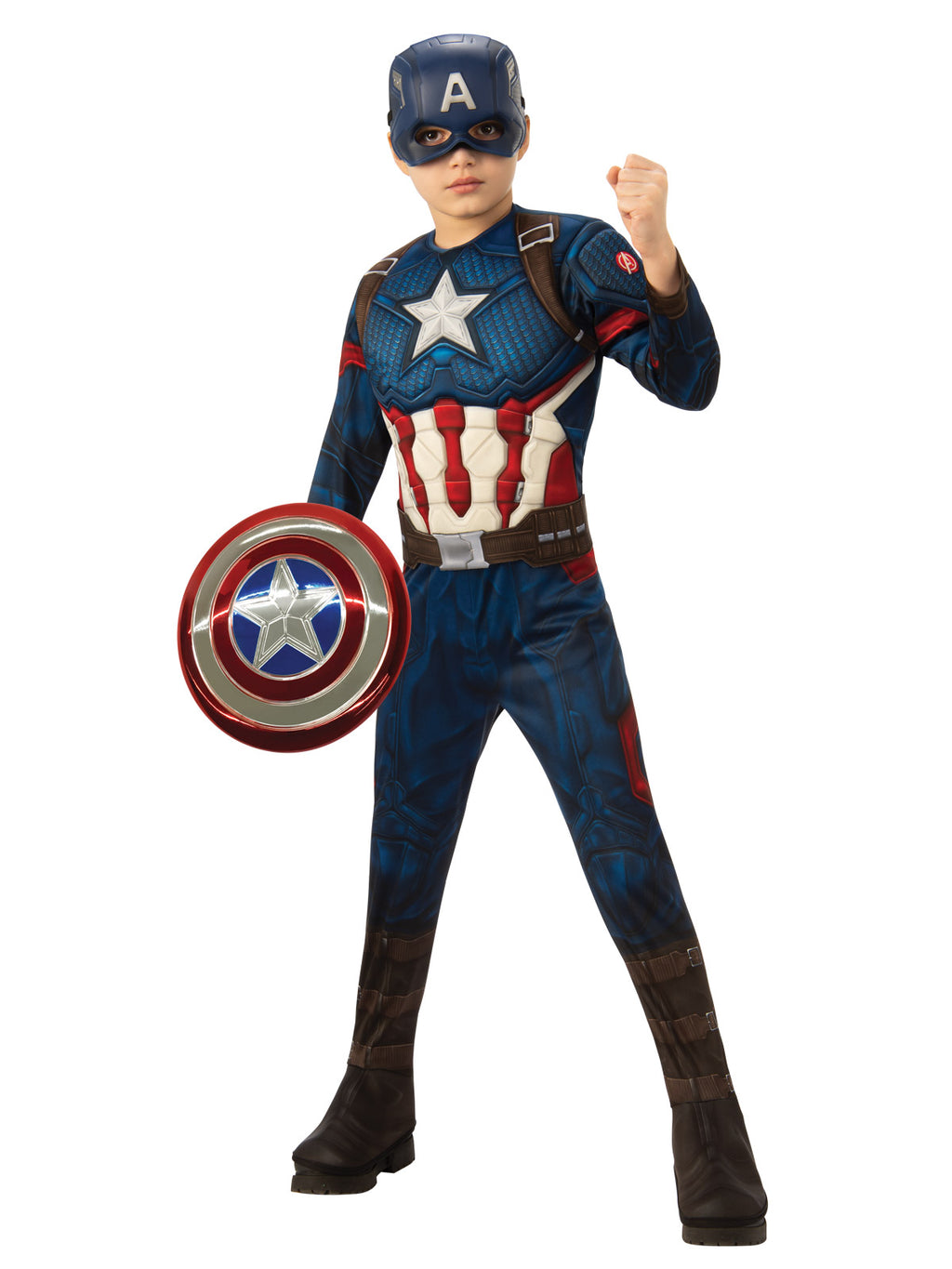 Boy in a premium Captain America padded suit with boot tops, vinyl mask and 12-inch metallic star shield