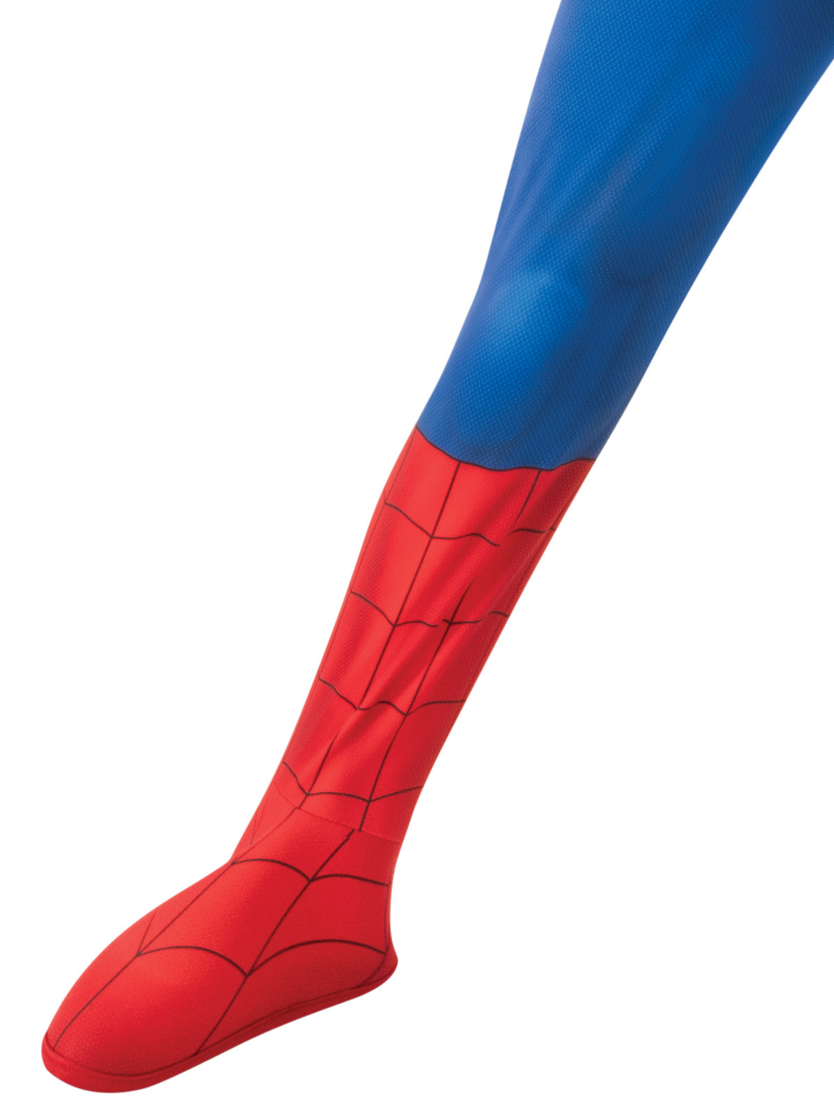 Close-up of the Spider-Man premium jumpsuit's red web-print boot cover