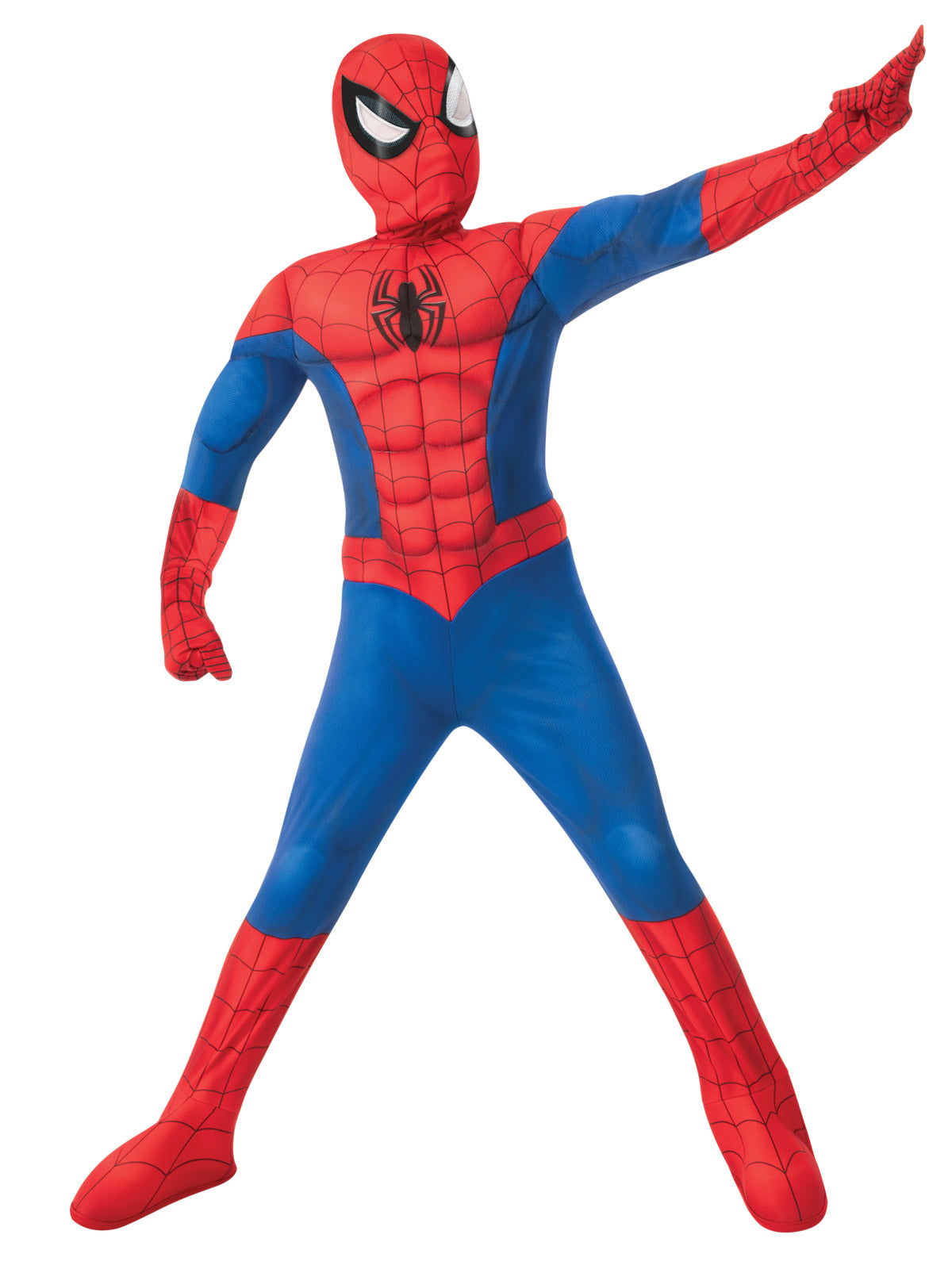 Boy wearing a premium Spider-Man jumpsuit with padded muscle chest, attached boot covers and lenticular-eye mask