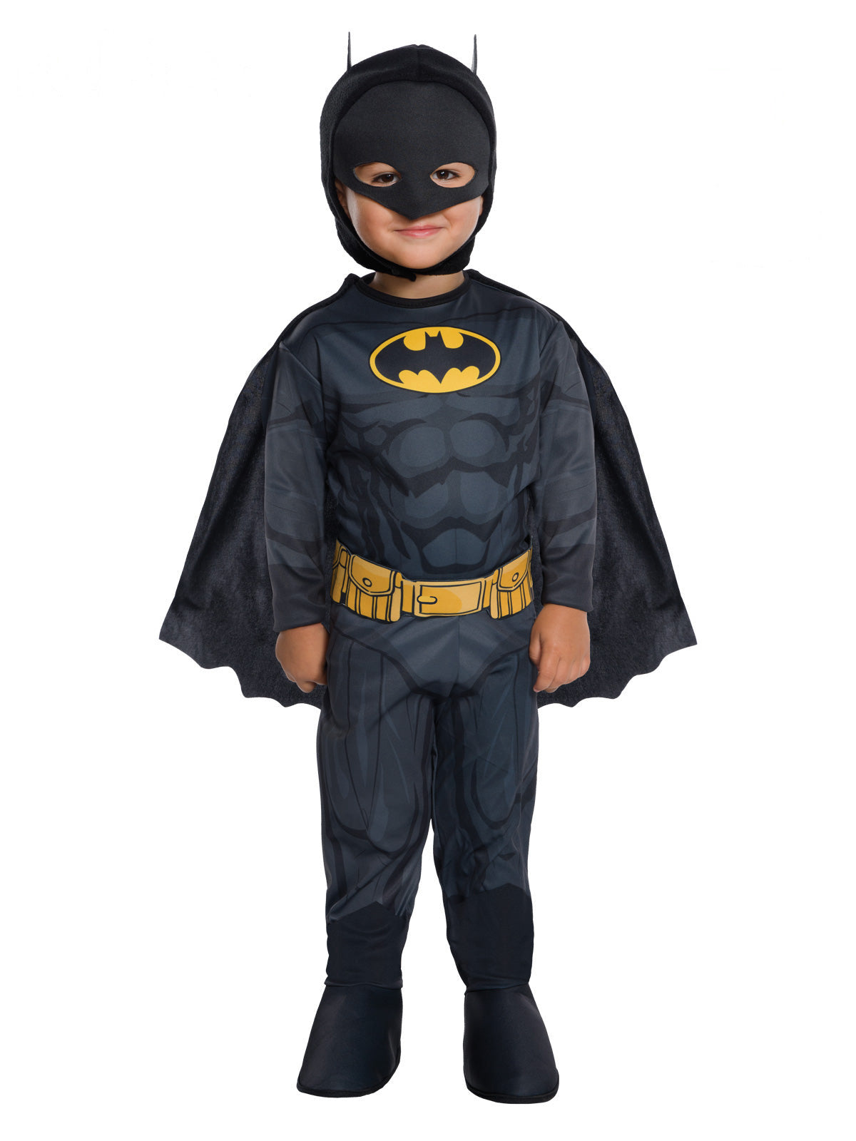 Toddler in a Batman jumpsuit with padded muscle chest, yellow belt, boot tops, scalloped cape and eared mask