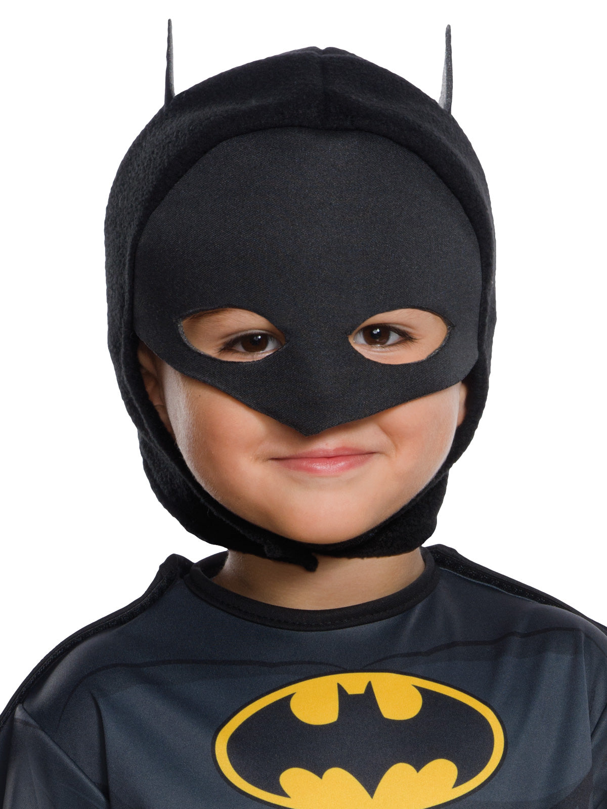 Close-up of the toddler Batman fabric mask with 3D ears and printed bat logo