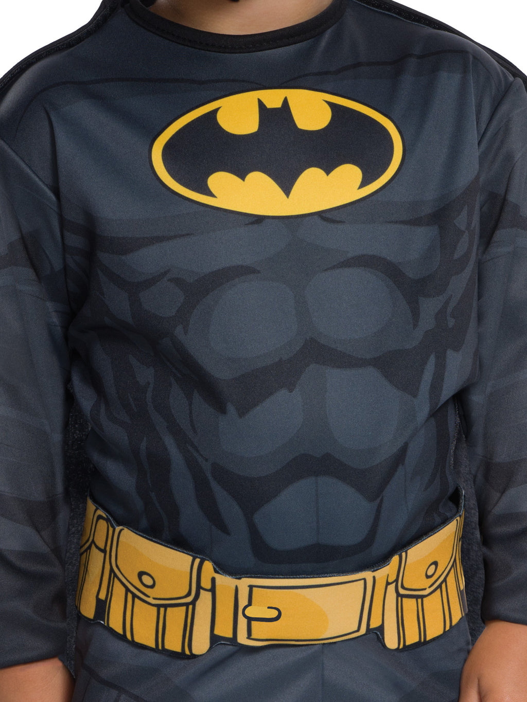 Close-up of the toddler Batman jumpsuit's printed muscle chest, bat logo and yellow belt