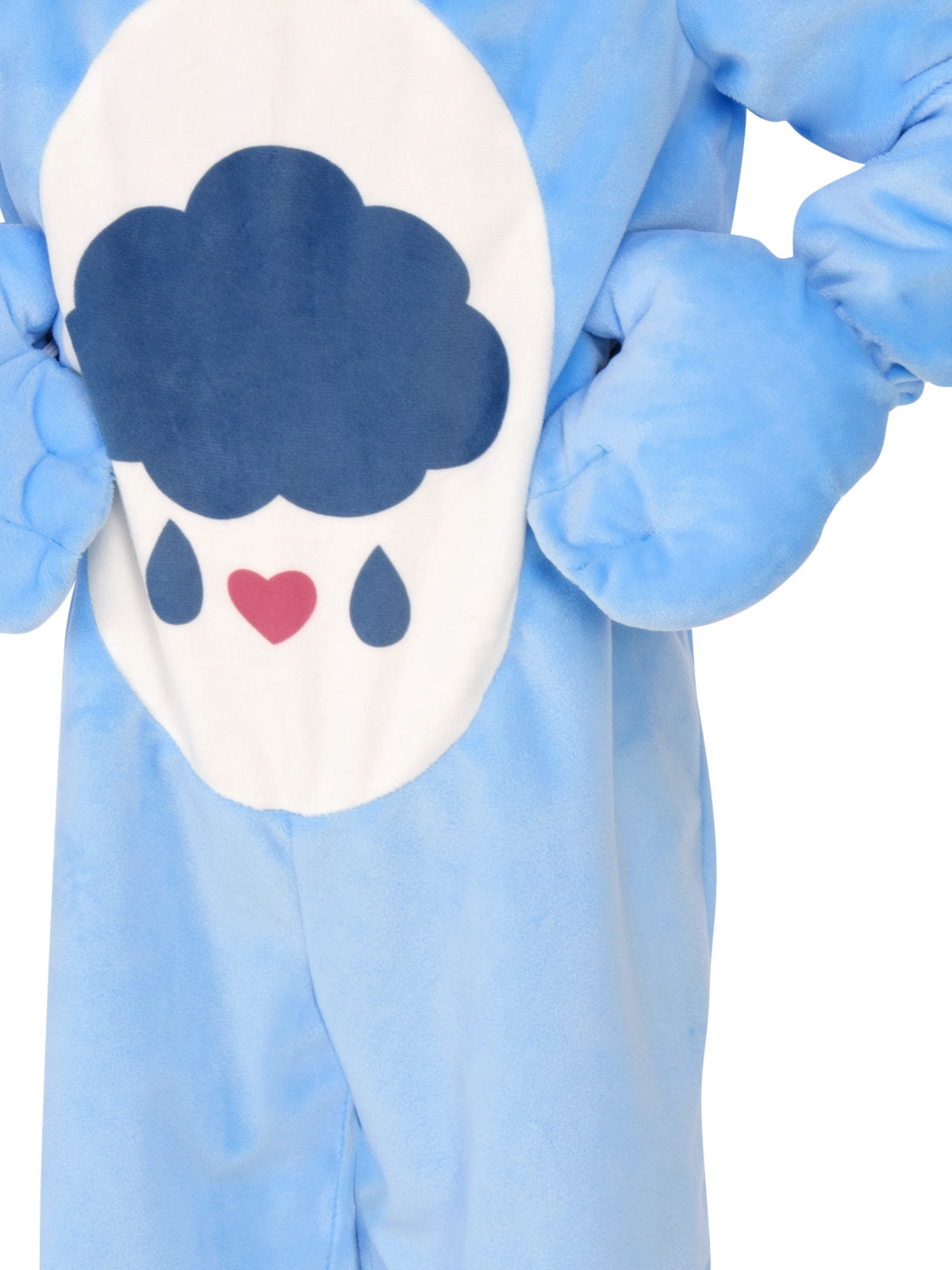 Close-up of the Care Bears Grumpy Bear blue plush jumpsuit with the rain cloud belly badge and paws