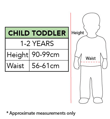 Size chart for the Grumpy Bear Carebears Costume, Child (toddler 1-2 years)