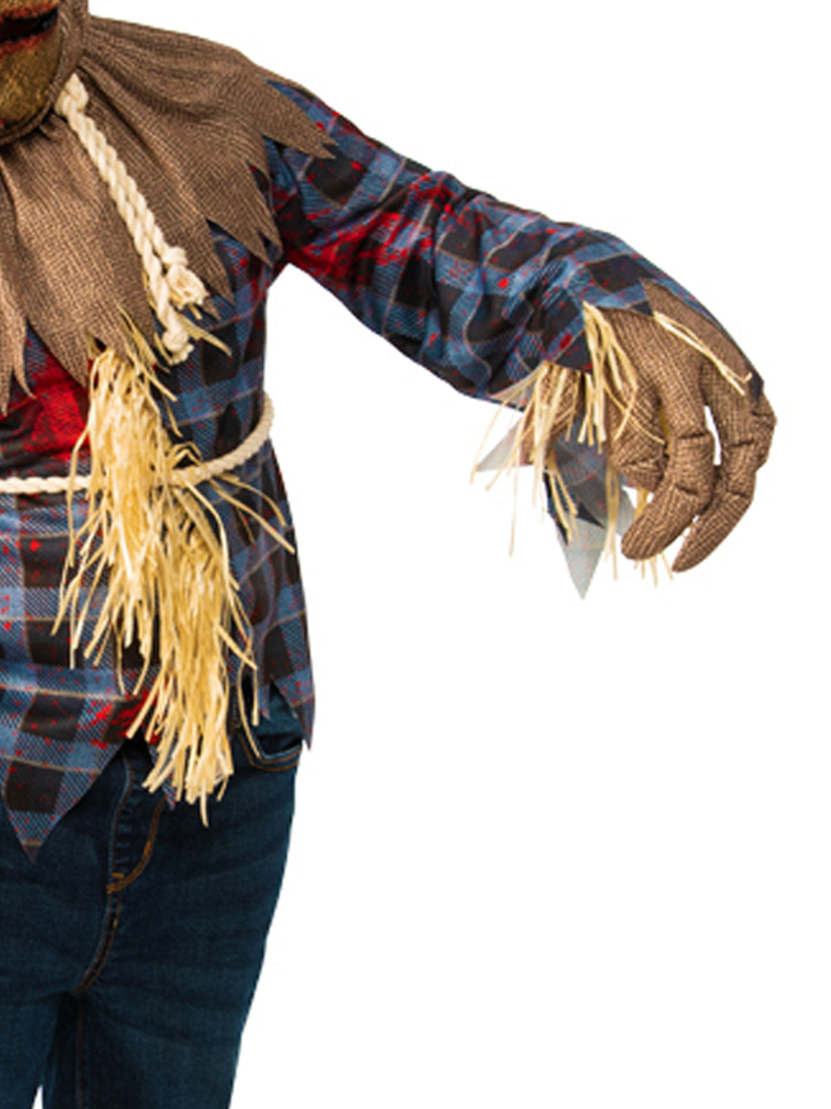 Close-up of the scarecrow shirt's paint-splash plaid print, faux straw trim and hessian-style glove