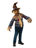 Child in a patchwork scarecrow costume with plaid shirt, rope belt, hessian gloves, straw hat and creepy mask