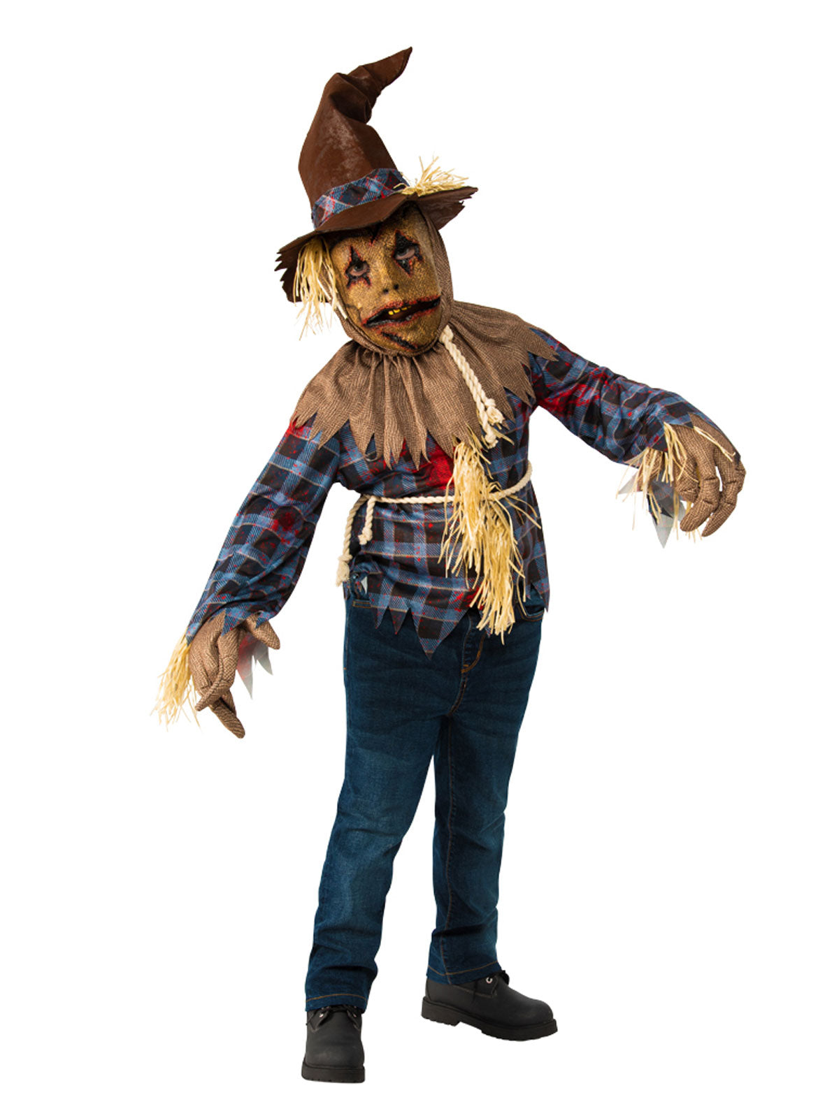 Child in a patchwork scarecrow costume with plaid shirt, rope belt, hessian gloves, straw hat and creepy mask