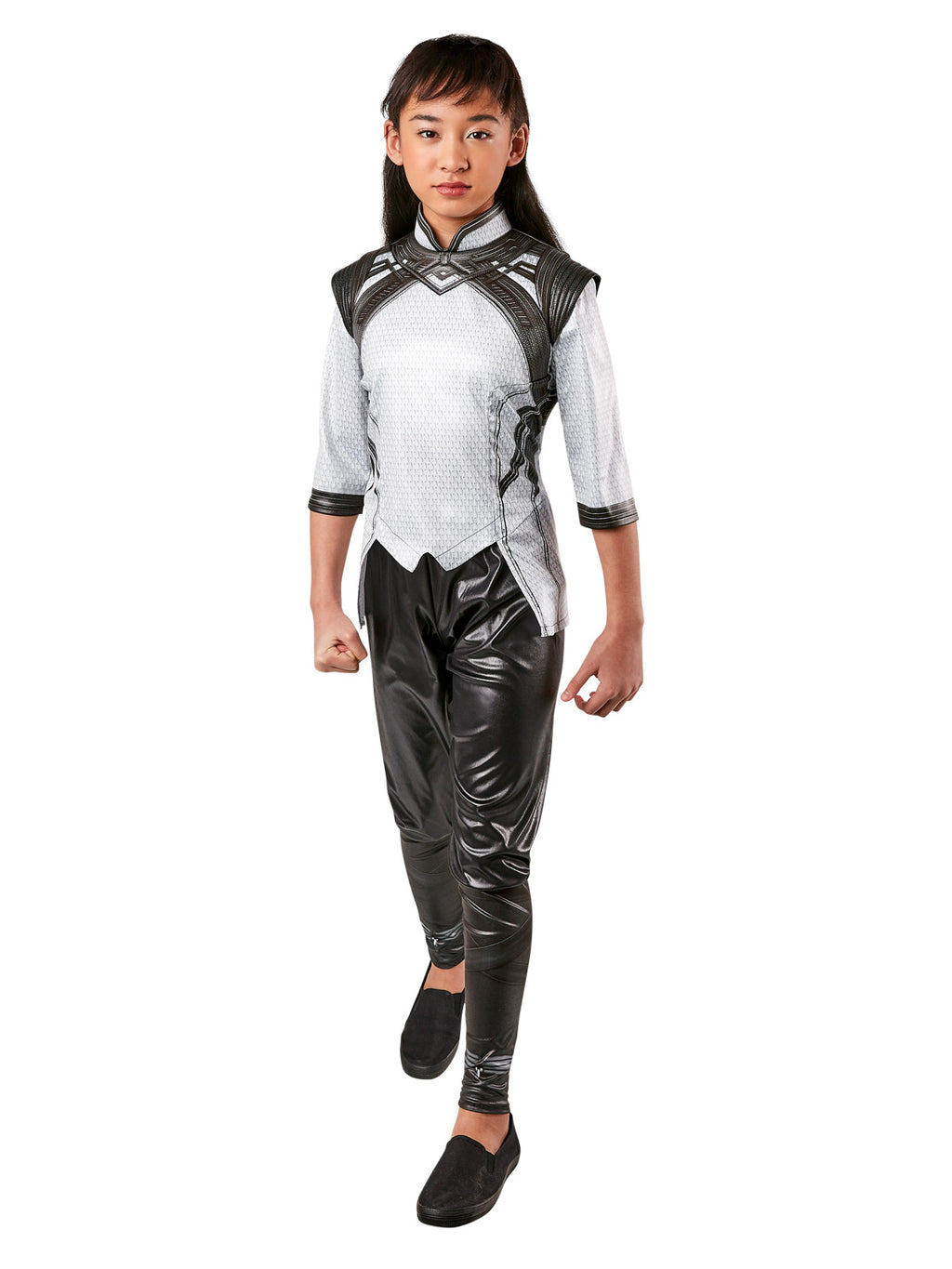 Girl wearing a Xialing costume with printed wet-look tunic top with shoulder pieces and black wet-look pants
