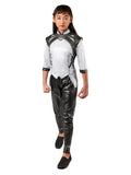 Girl wearing a Xialing costume with printed wet-look tunic top with shoulder pieces and black wet-look pants