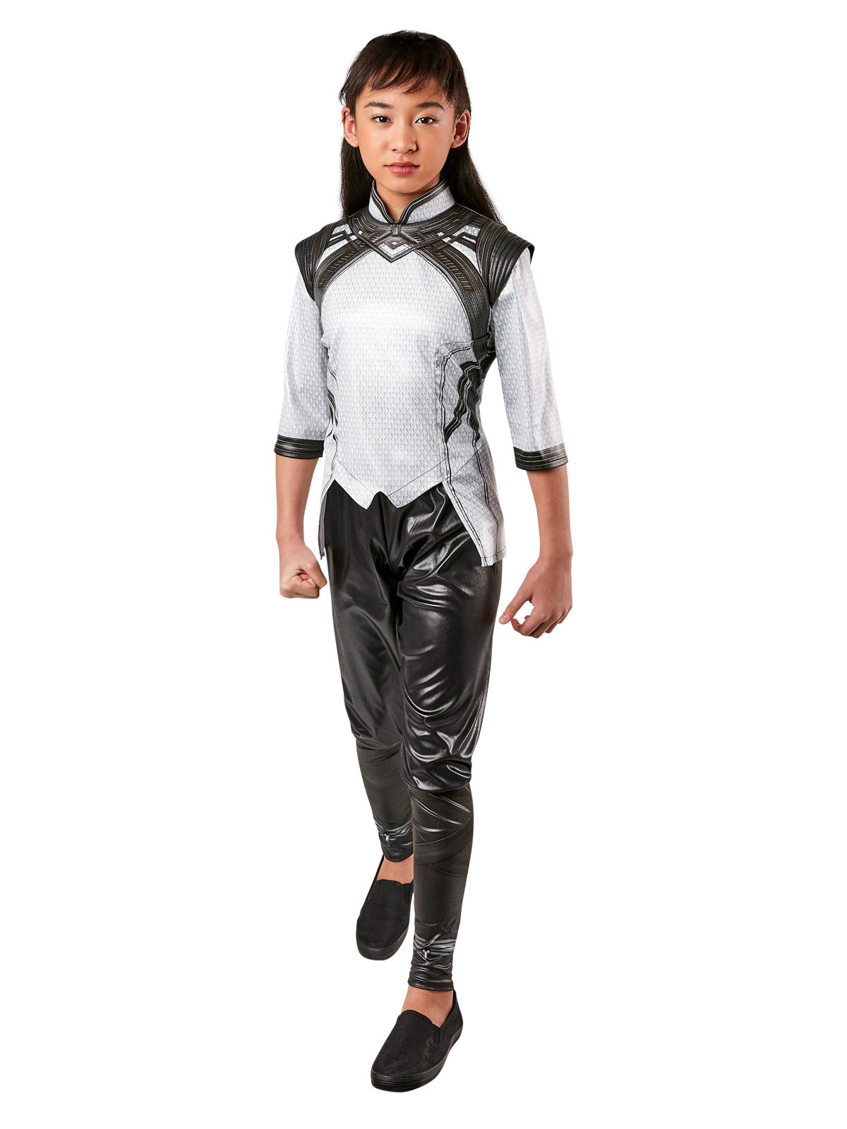 Girl wearing a Xialing costume with printed wet-look tunic top with shoulder pieces and black wet-look pants