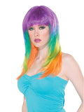 Woman wearing a long straight rainbow ombre wig with a purple fringe