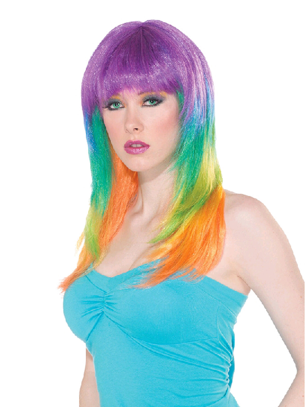 Woman wearing a long straight rainbow ombre wig with a purple fringe