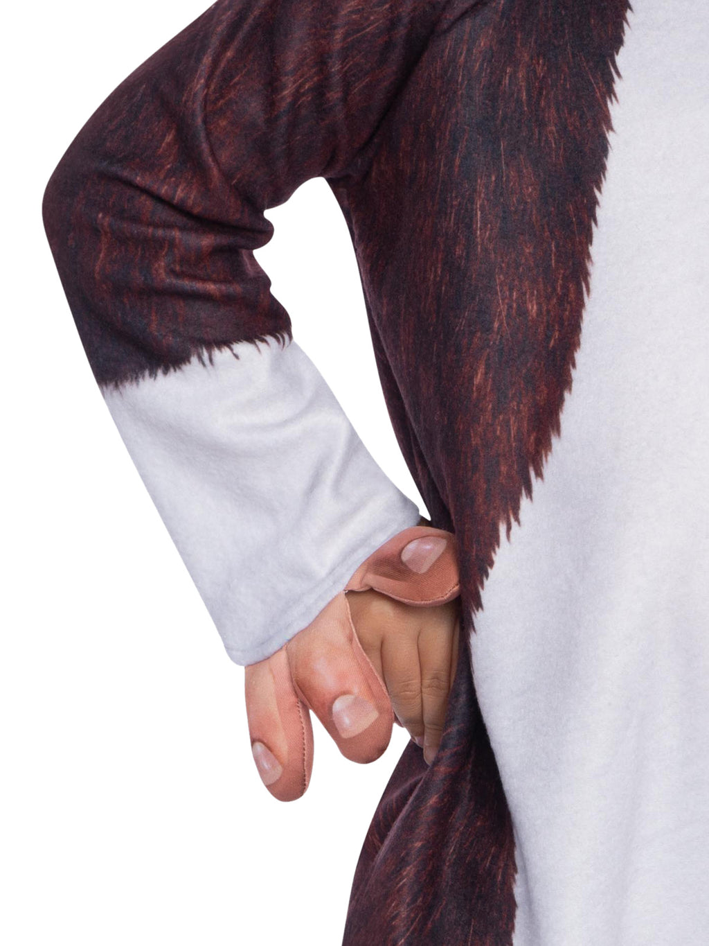 Close-up of the Gizmo jumpsuit's brown fur-print sleeve and white front