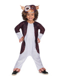 Toddler in the Gremlins Gizmo jumpsuit with brown and white fur print and a Gizmo face hood with ears