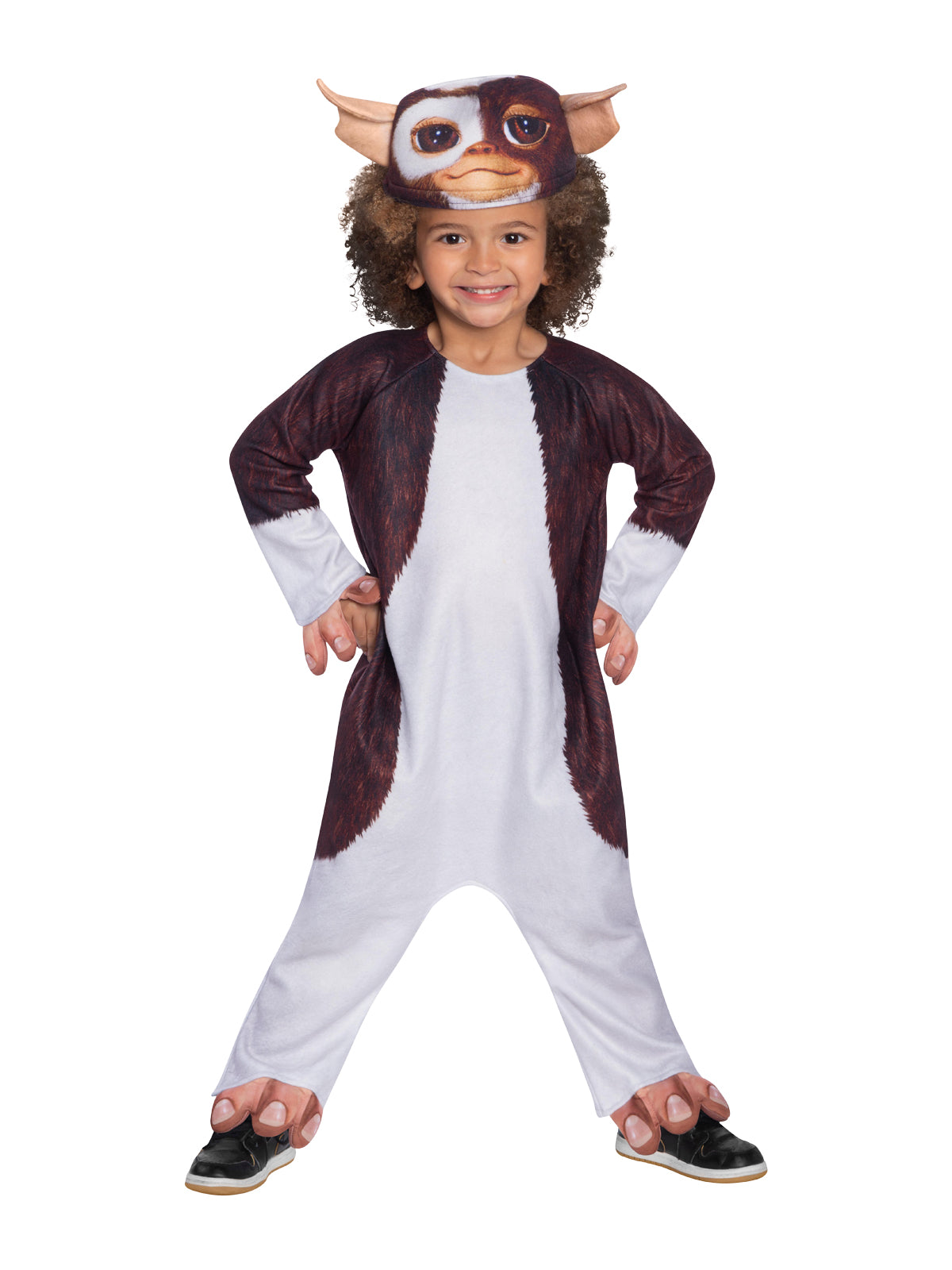 Toddler in the Gremlins Gizmo jumpsuit with brown and white fur print and a Gizmo face hood with ears