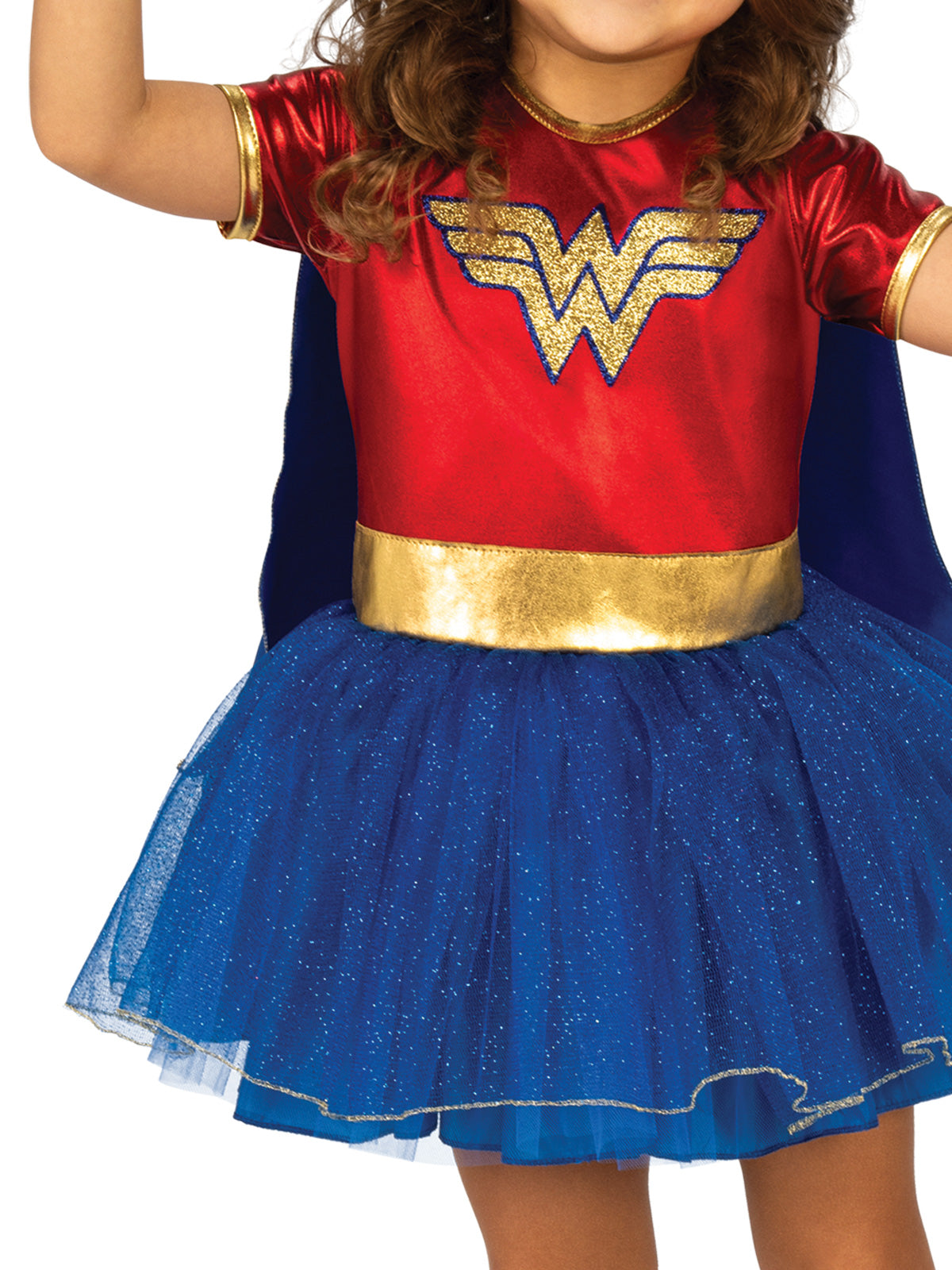 Close-up of the Wonder Woman toddler dress's sparkly gold logo, metallic belt and glittery tulle skirt
