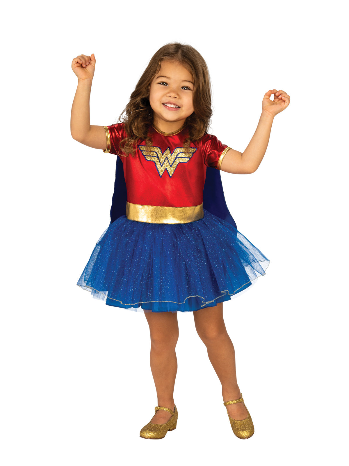 Toddler girl wearing a Wonder Woman tutu dress with gold logo, metallic belt, blue glitter tulle skirt and cape