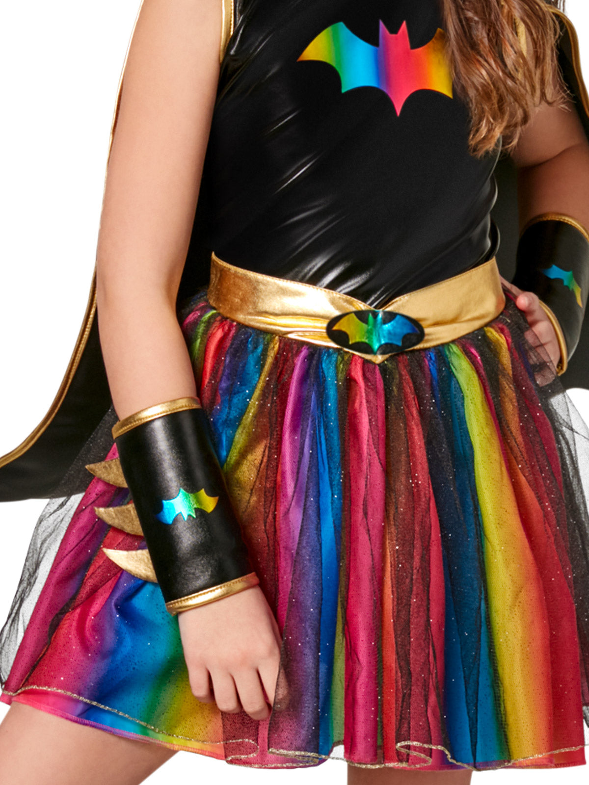 Close-up of the rainbow tutu skirt, gold waistband, rainbow bat emblem and gauntlet