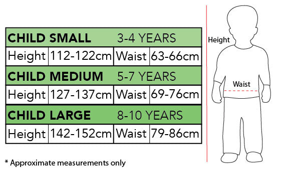 Size chart for the Spider-Man Adaptive Costume, Child
