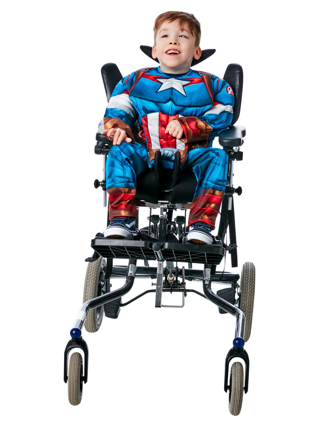 Front view of the Captain America adaptive costume worn seated, with star chest and blue pants