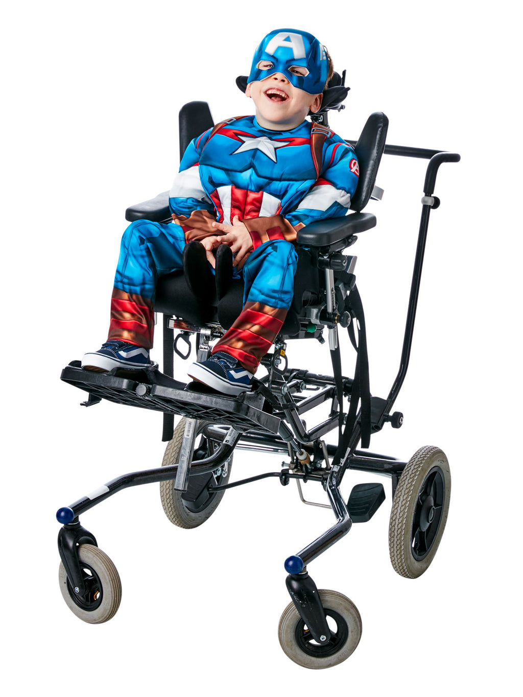 Child using a wheelchair in the Captain America adaptive costume with padded top and A mask