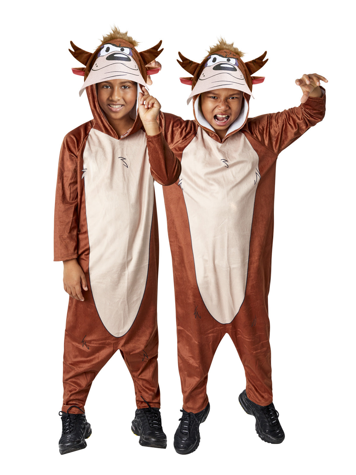 Two kids wearing brown Taz onesies with cream belly, hoods with foam ears and printed Taz face