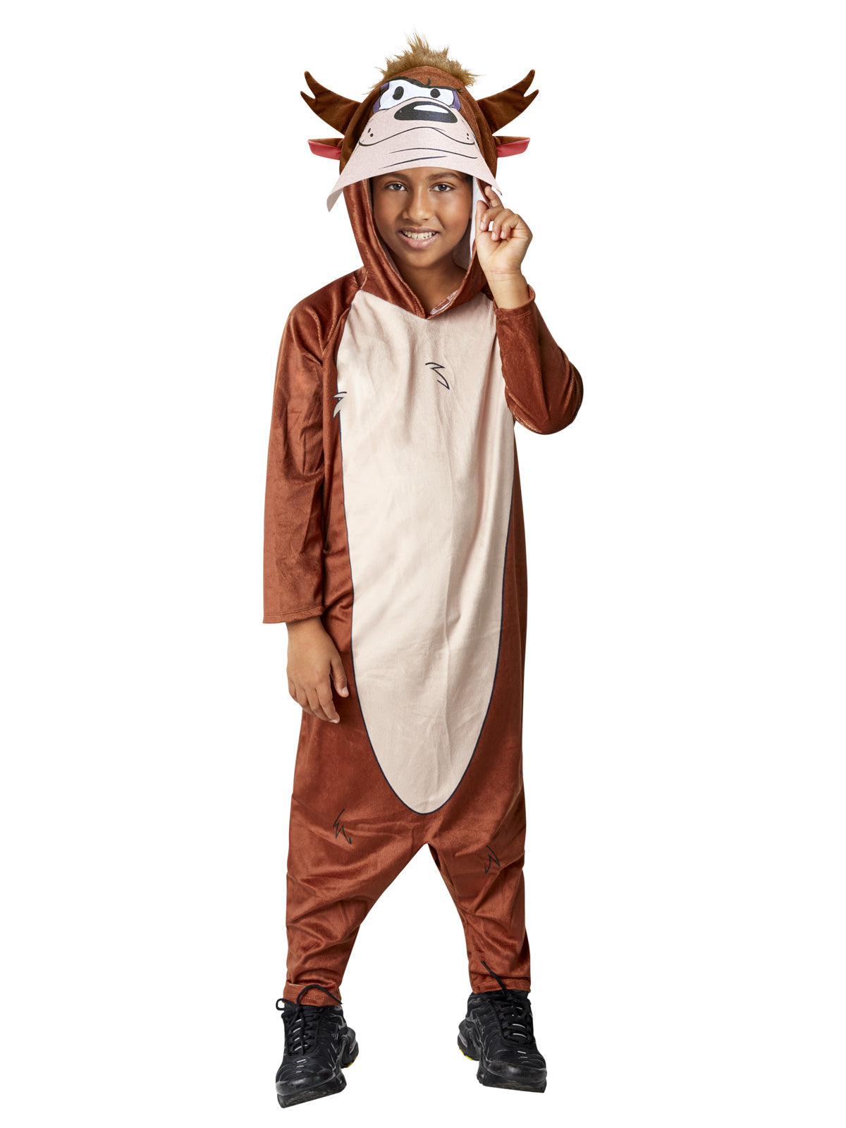 Child in the Taz Looney Tunes hooded jumpsuit with oversized brown and cream design