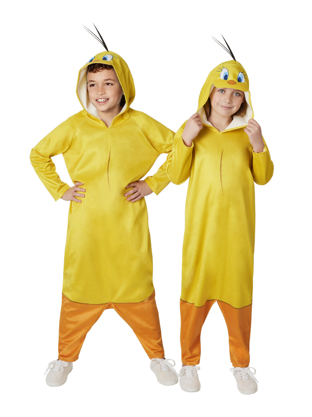 Boy and girl in yellow Tweety onesies with orange lower legs, hoods with printed faces and felt hair strands