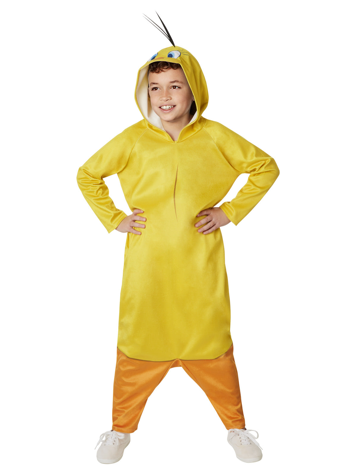 Child in the oversized yellow Tweety hooded jumpsuit with orange legs