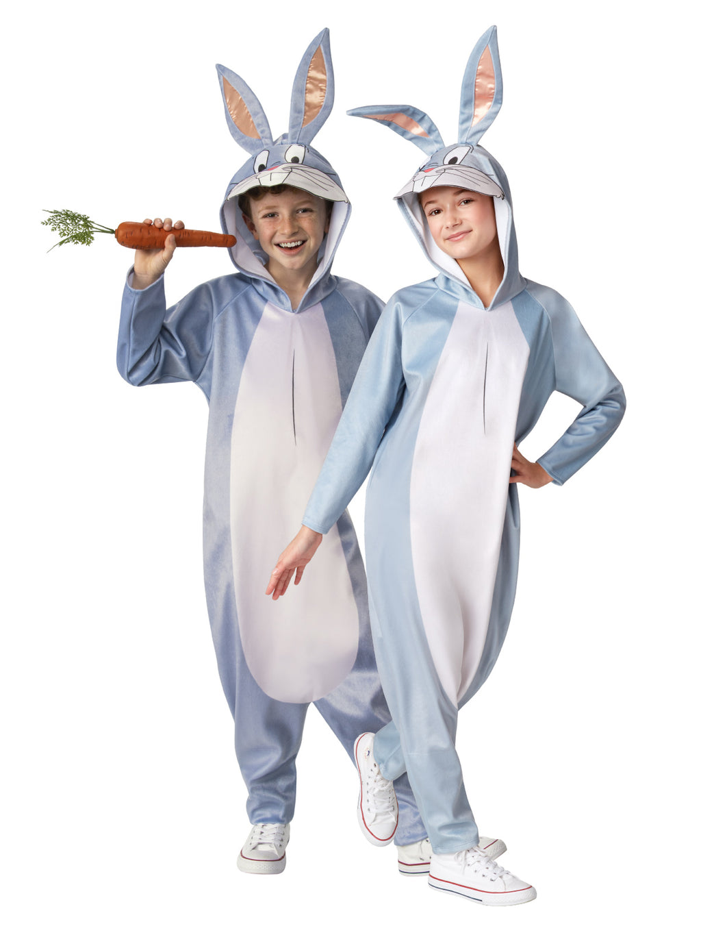Two children in grey and white Bugs Bunny hooded jumpsuits with 3D ears