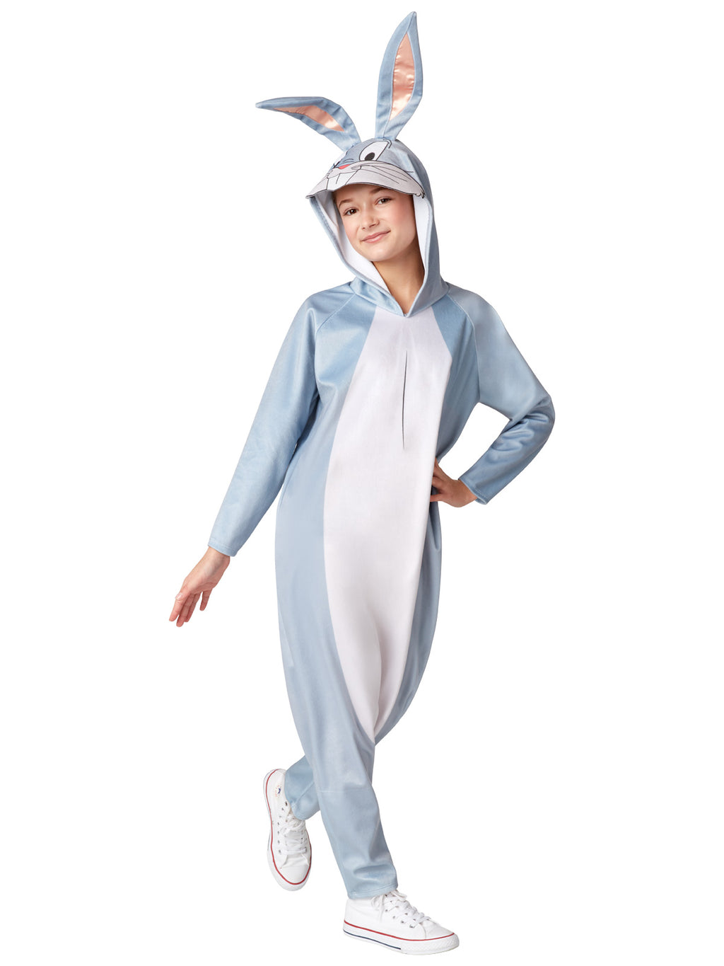 Child in grey and white Bugs Bunny onesie jumpsuit with eared hood