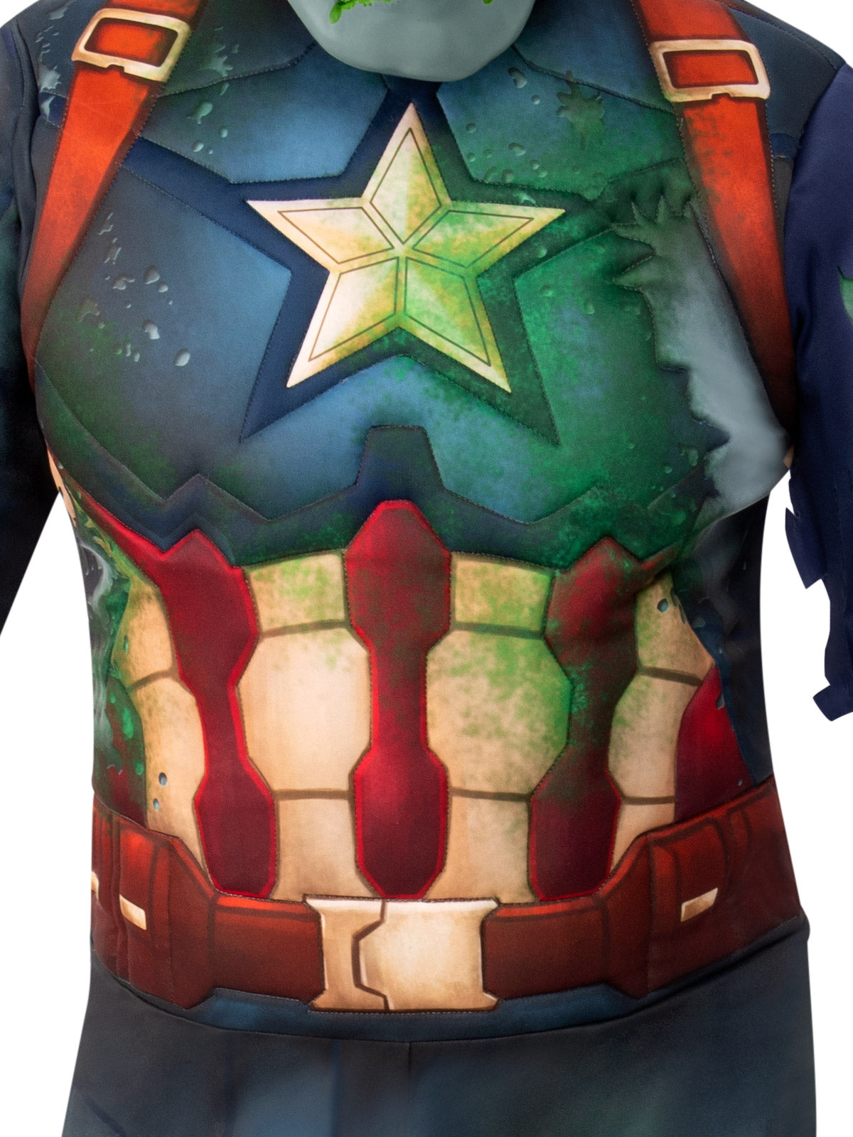 Close-up of the zombie Captain America padded chest with green-stained star and belt