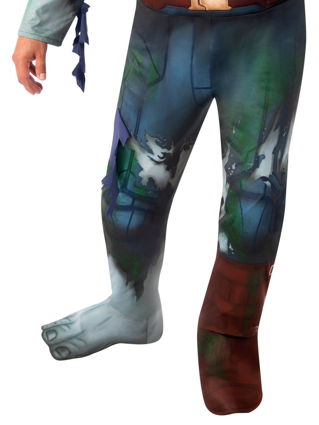 Zombie Captain America costume legs, one bare zombie foot and one red boot top