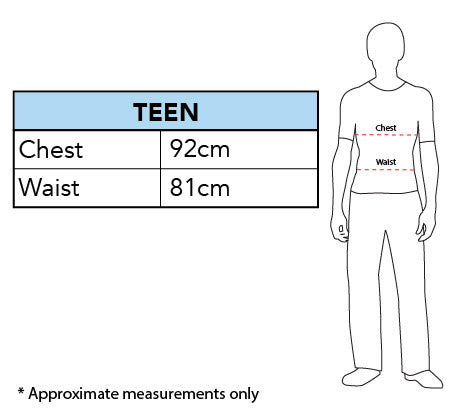 Size chart for the Captain America Zombie Deluxe Costume, Teen