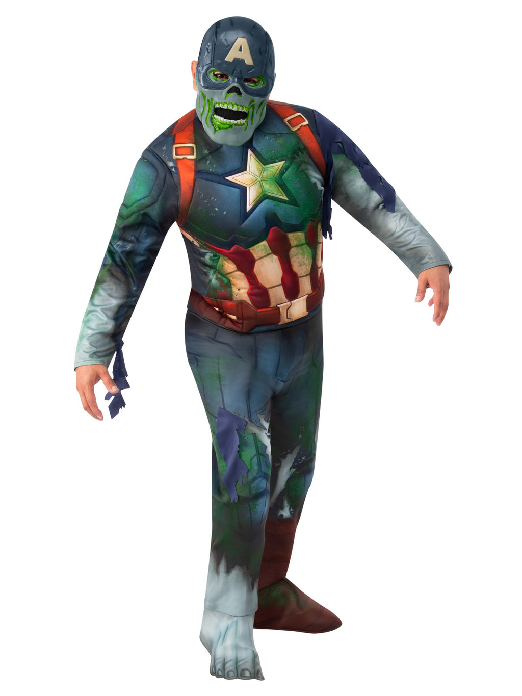 Teen in the Zombie Captain America deluxe costume with torn slime-print jumpsuit and zombie half mask