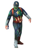 Teen in the Zombie Captain America deluxe costume with torn slime-print jumpsuit and zombie half mask