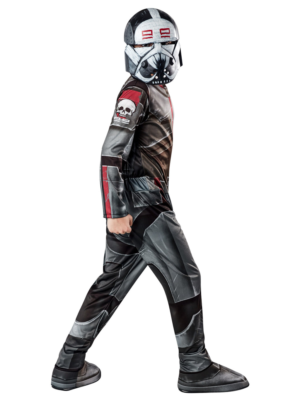 Side view of the Wrecker jumpsuit with printed armour, sleeve markings and moulded Bad Batch mask