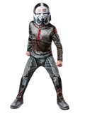 Child in a Wrecker Bad Batch printed armour jumpsuit with skull sleeve graphics, boot tops and painted helmet mask