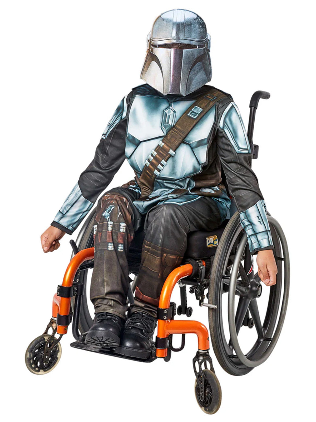 Front view of a child using a wheelchair in the Mandalorian Adaptive printed armour top, pants and mask