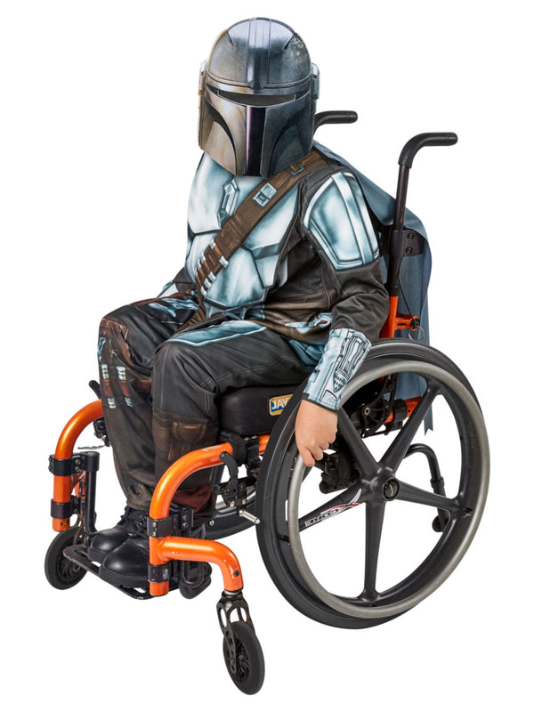 Child using a wheelchair in the Star Wars Mandalorian Adaptive costume with printed armour top and mask